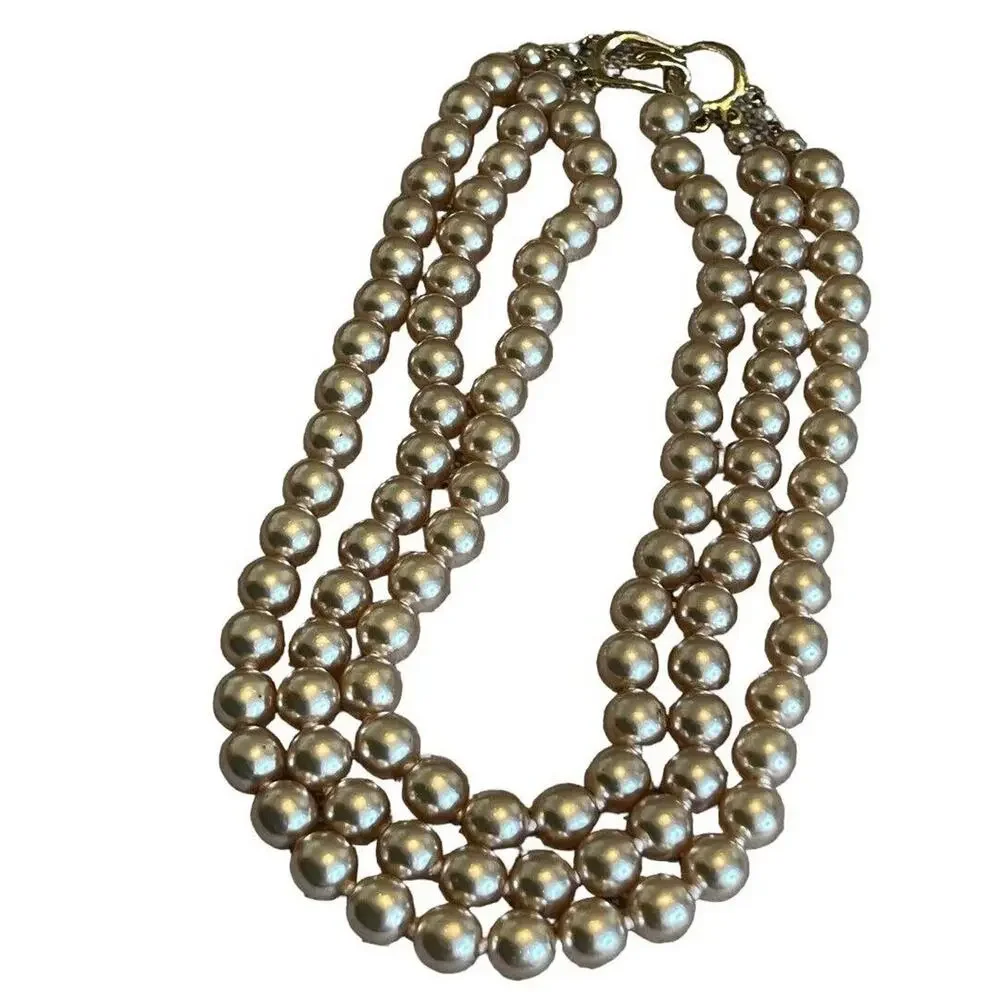 Vintage 3 Strand Faux Pearl Gold Tone Necklace Knotted 16